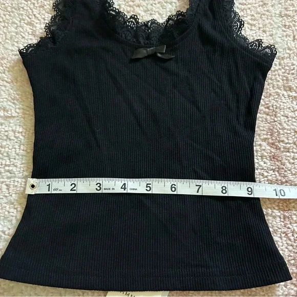 NWT Commense Lace Trim Crop Tank Top Ribbed Bow Front Size XS Black - Picture 8 of 10